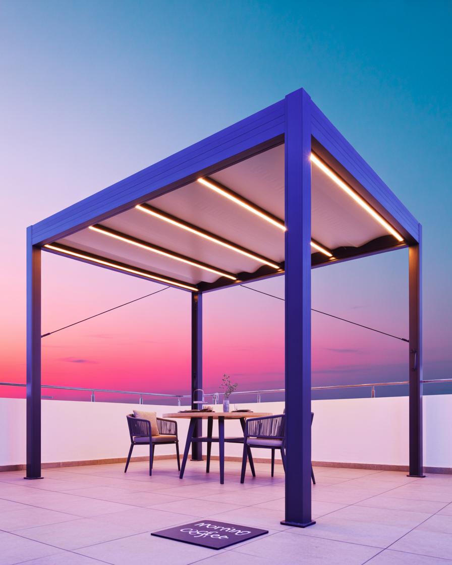 Modern pergola with a retractable roof providing flexible shade and shelter on an apartment balcony.