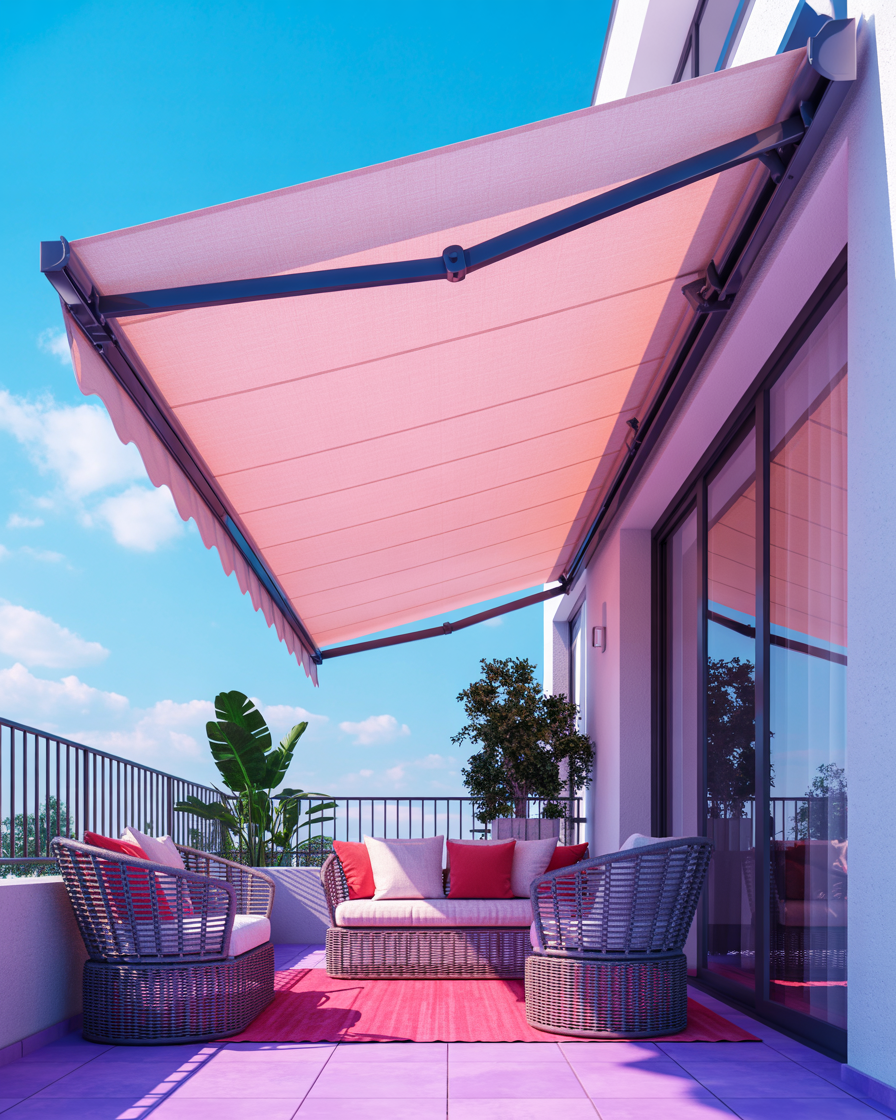Retractable awning on an apartment balcony providing shade over a cozy seating area.