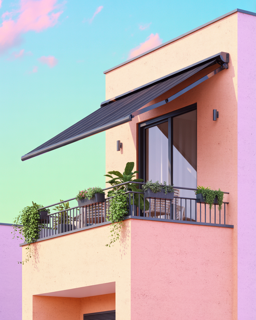 Solar-powered retractable awning on an apartment balcony providing eco-friendly shade.