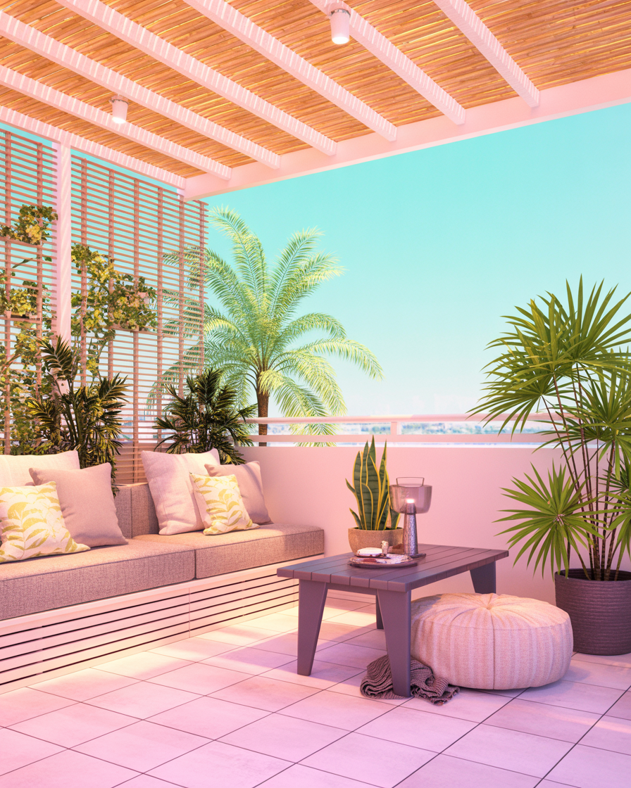 Bamboo shades on an apartment balcony creating a tropical vibe with stylish seating and greenery