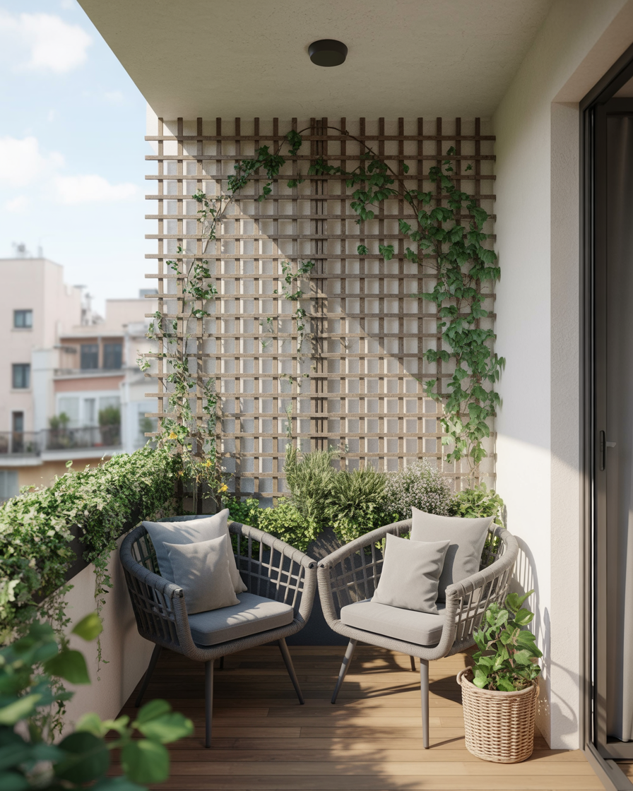Trellis screen with climbing ivy providing shade and privacy on an apartment balcony.