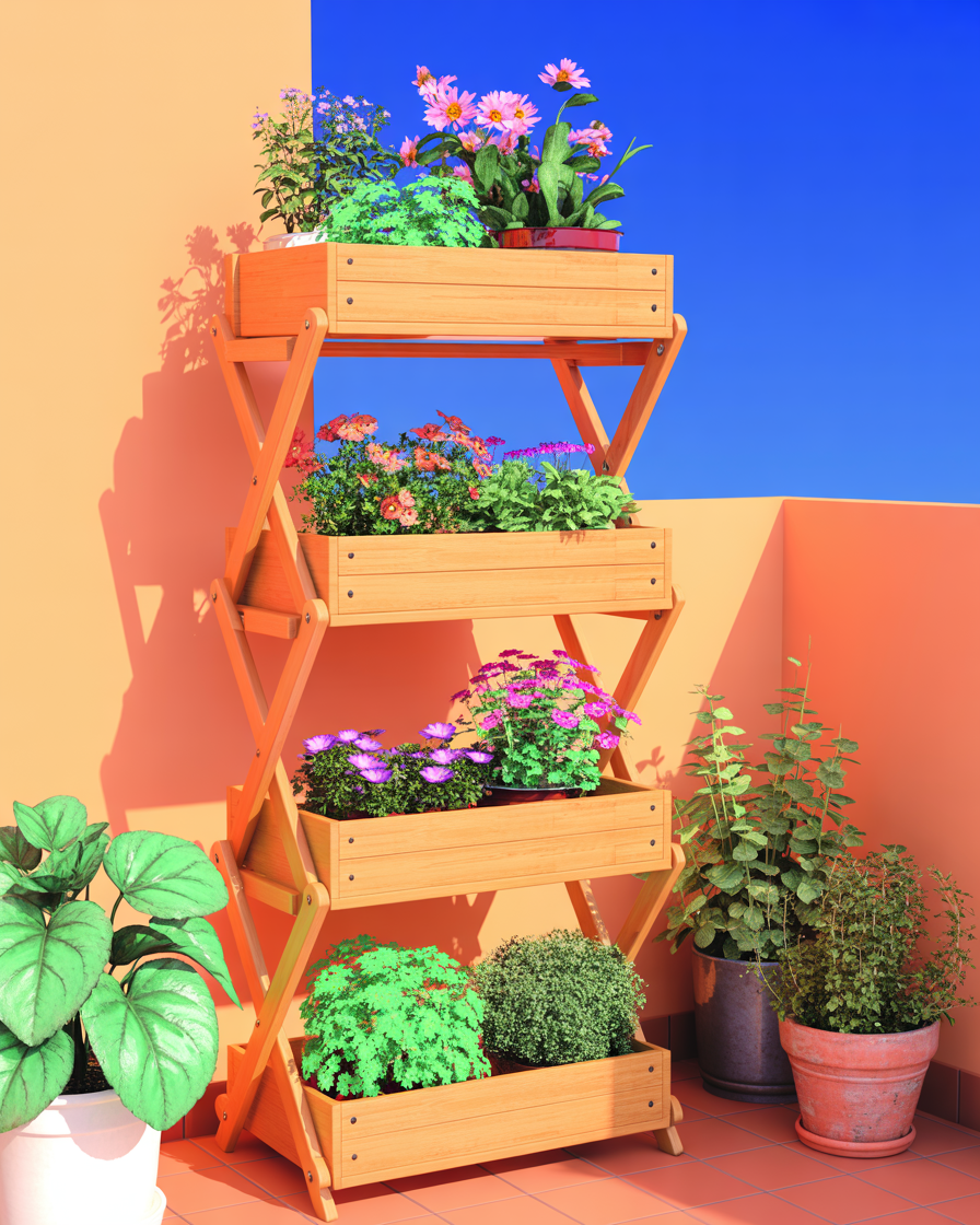 Wooden foldable plant stand with potted plants on sunny balcony.