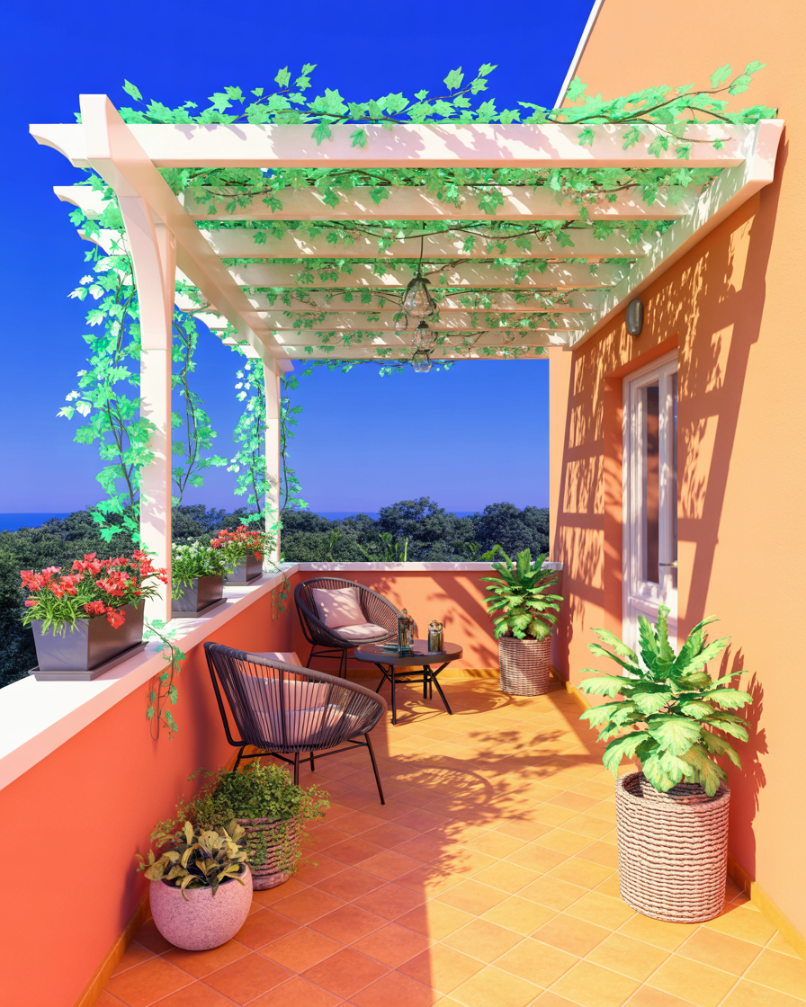 Pergola with climbing plants on an apartment balcony creating natural shade and a cozy atmosphere.