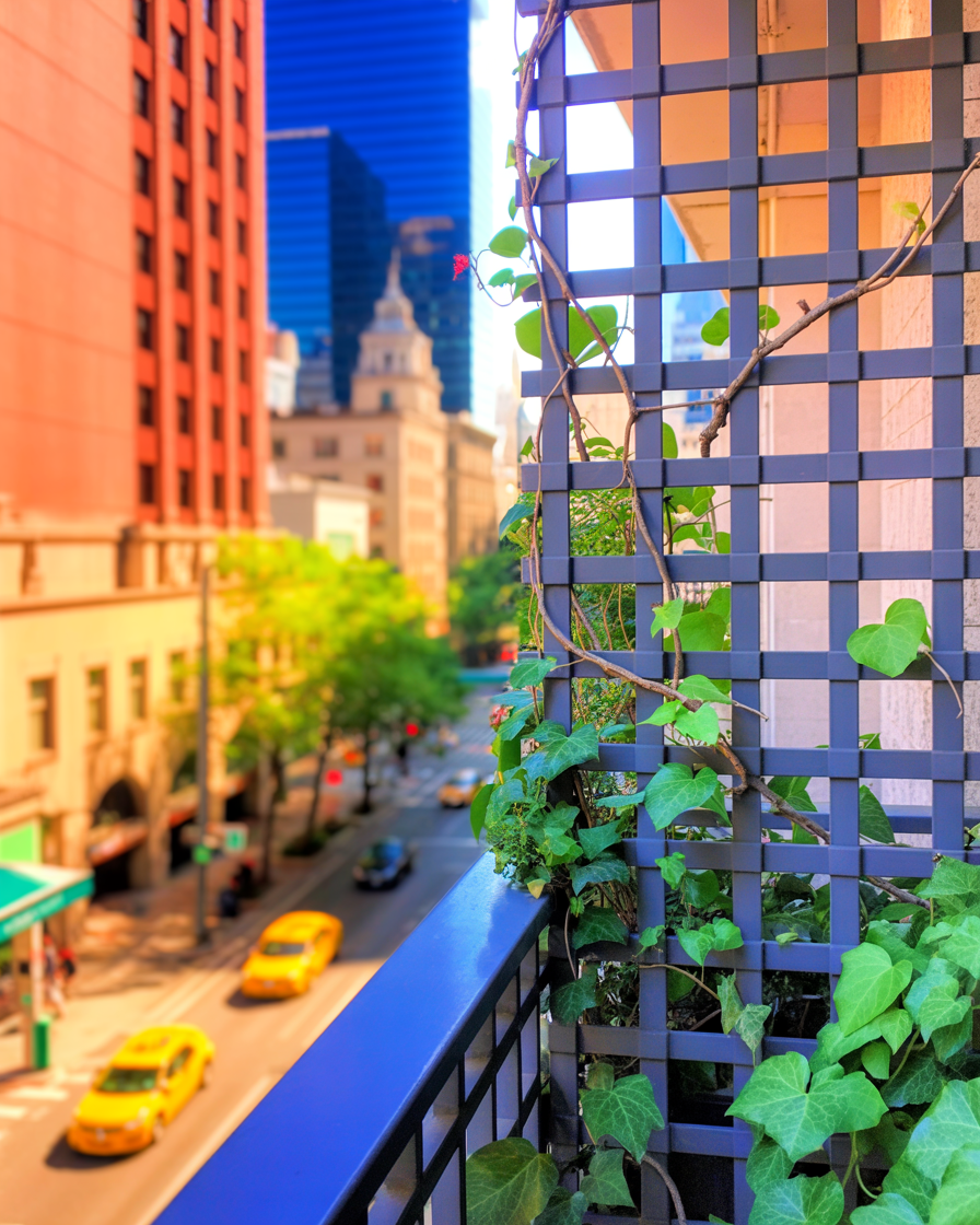 Lattice panels on an apartment balcony providing shade and a classy aesthetic with climbing plants