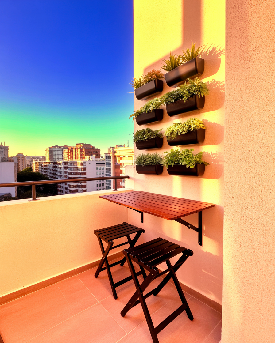 Balcony with wall-mounted folding table, black stools, and vertical garden at golden hour.