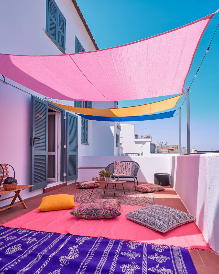 Colorful fabric canopy on an apartment balcony, adding shade and a bohemian vibe to the outdoor space.