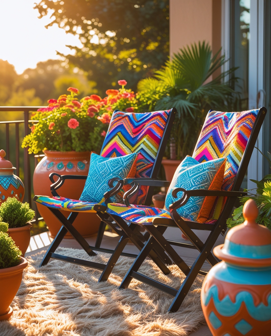 Balcony with colorful cushions on foldable chairs and textured rug in sunlight.