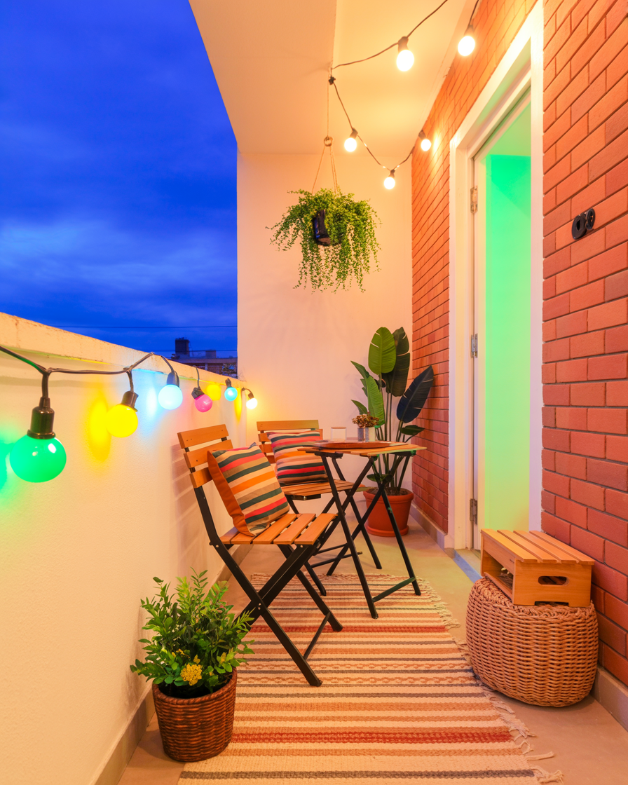 Styled small balcony with foldable furniture, cushions, rugs, and string lights at dusk.