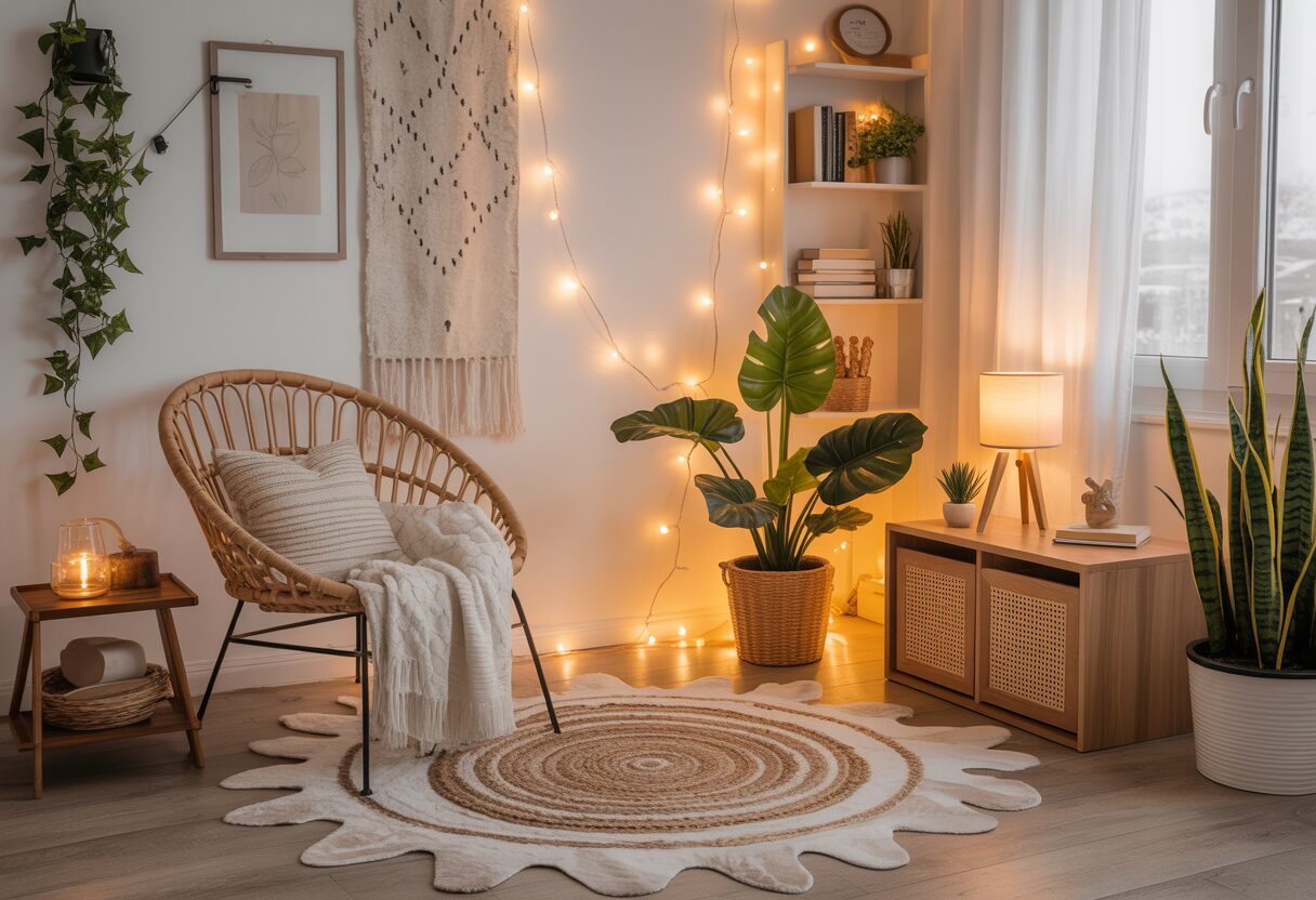 Layered rugs with boho decor elements like plants, rattan furniture, and warm lighting.