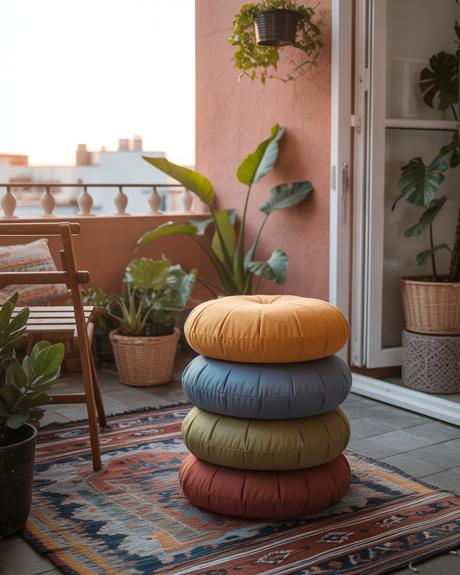 Colorful foldable floor cushions and pouf on boho balcony at sunset.