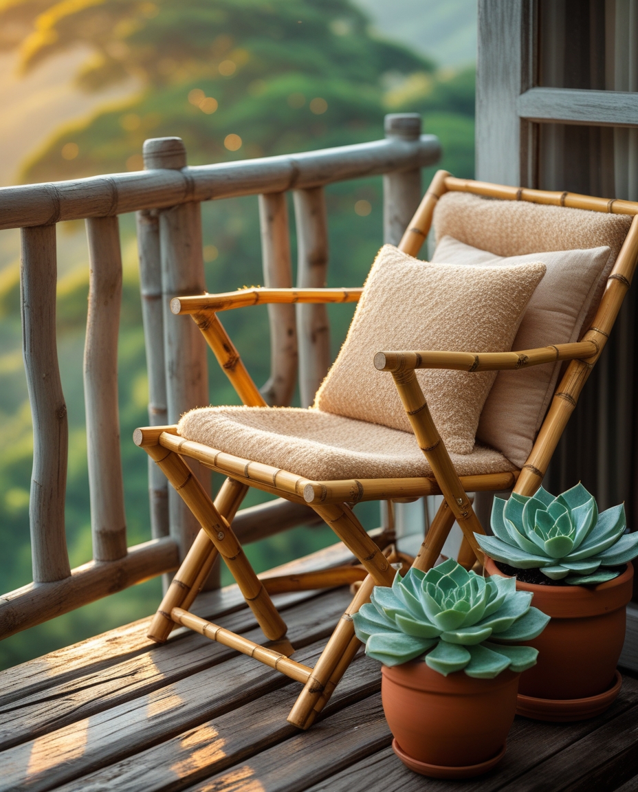 Eco-friendly bamboo foldable chair and table with succulents on balcony.