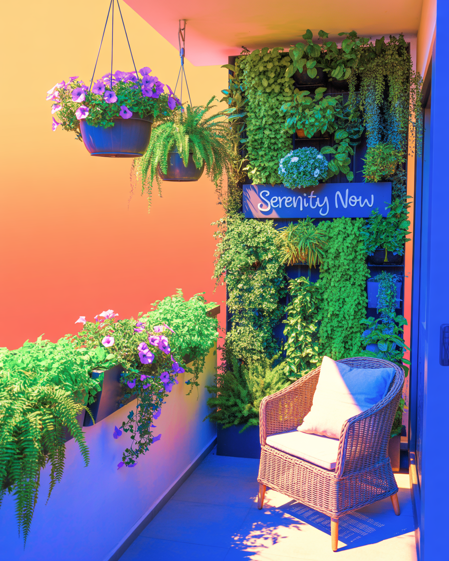 Hanging planters and a vertical garden on an apartment balcony providing shade and greenery