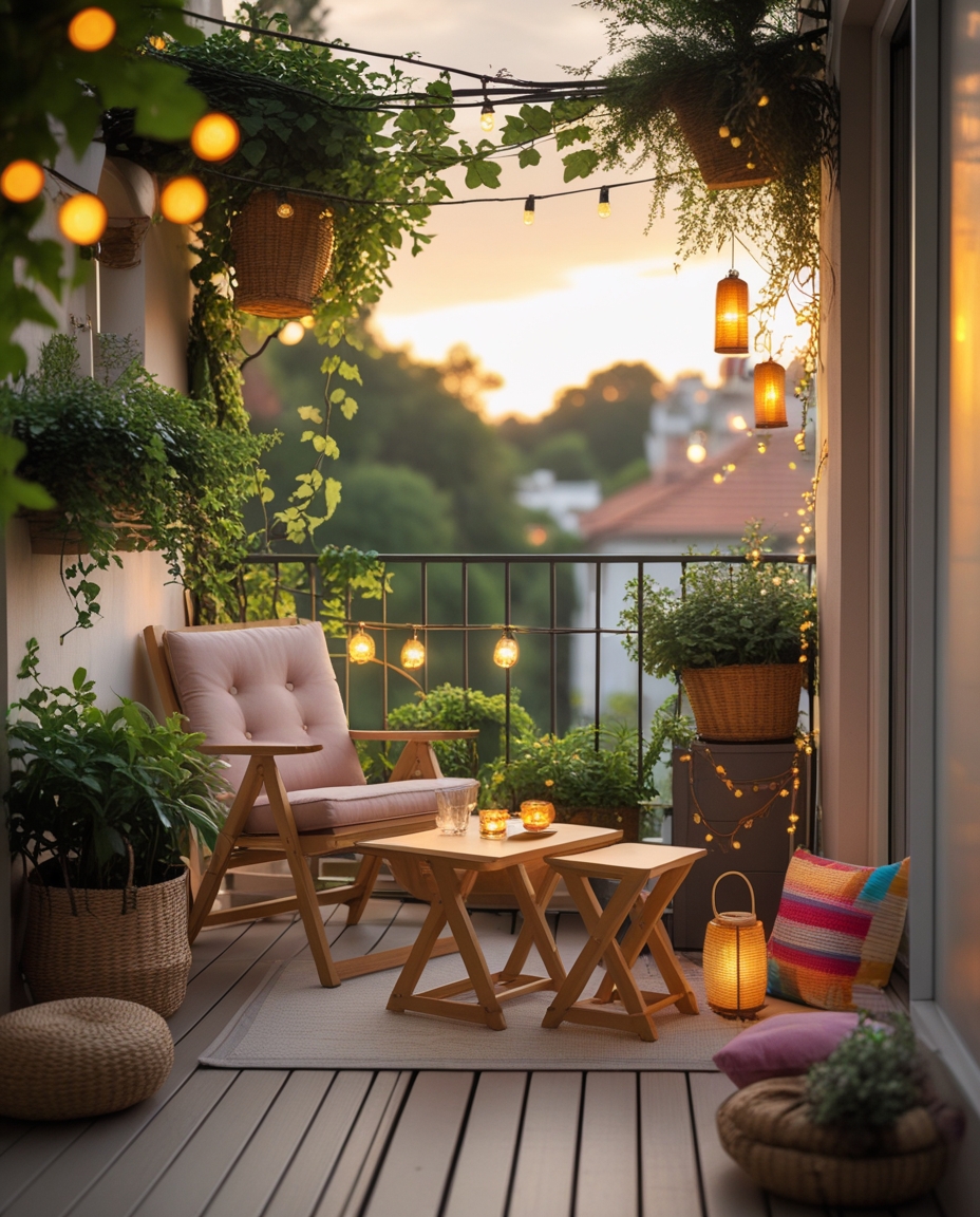 Stylish tiny balcony with foldable furniture, plants, and soft lighting in late afternoon.