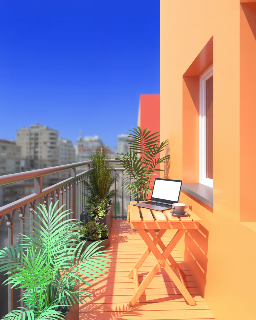 Foldable wooden desk with laptop and plants on balcony in daylight.