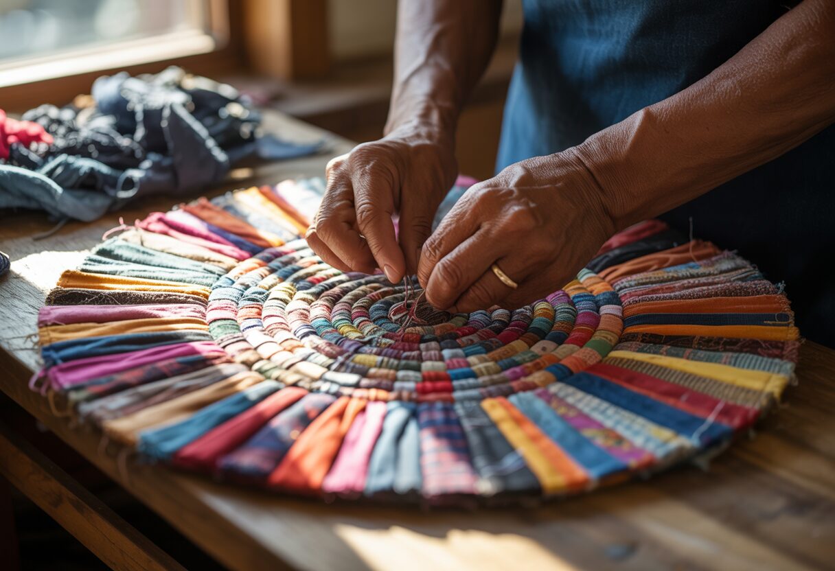 Layered recycled textile rugs adding warmth and eco-friendly boho style.