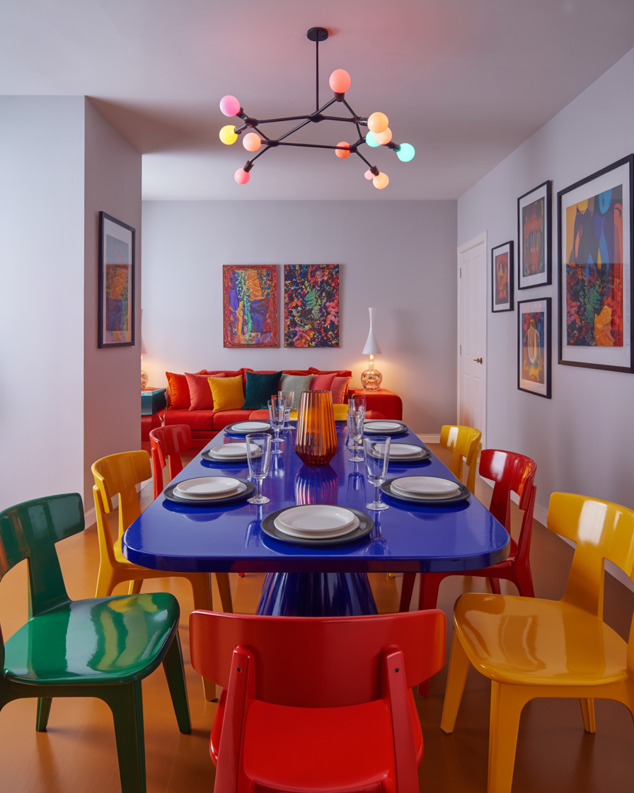 Bold and colorful apartment dining area with a bright table and playful decor