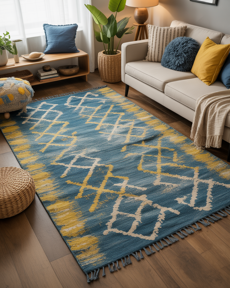 Blue and yellow area rug creating a bold focal point in a boho living room