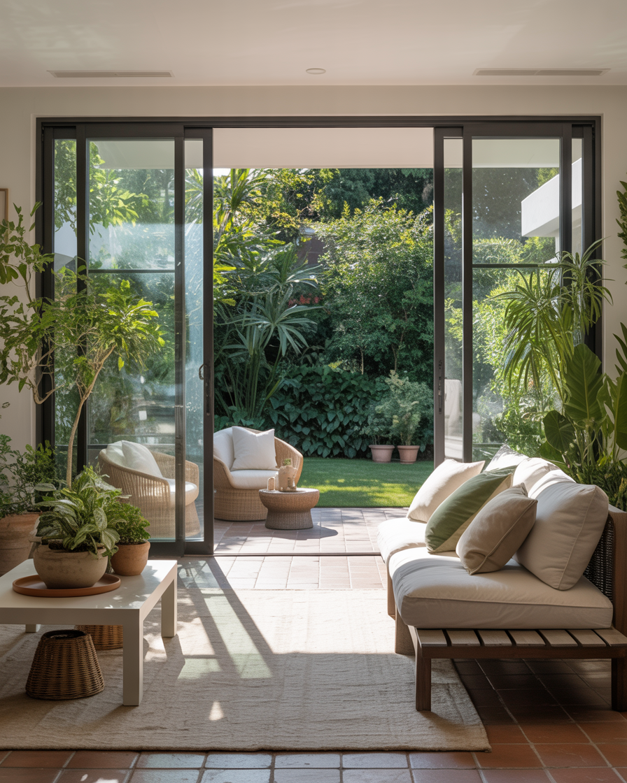 Indoor-outdoor living room with sliding glass doors that open to a patio garden, creating a seamless flow between spaces.