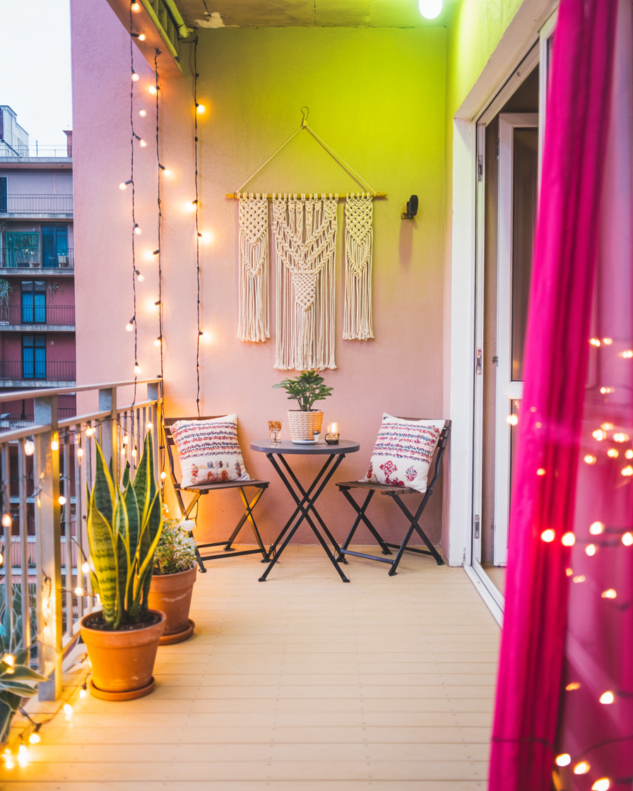 Boho balcony with fairy lights and potted plants creating dreamy night vibes