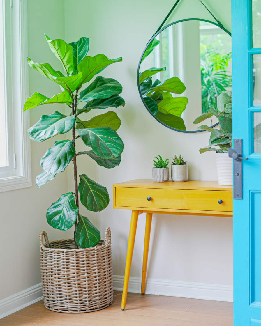 Green entryway with houseplants and natural decor.