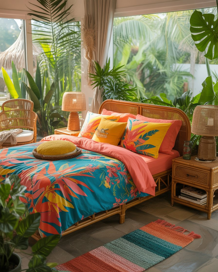 Tropical boho bedroom with colorful accents and bamboo furniture.