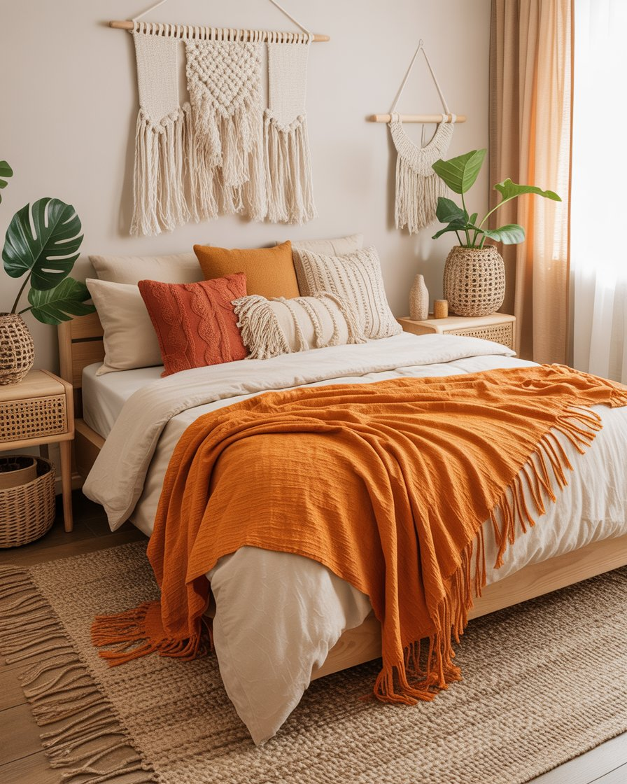 A boho bedroom featuring an orange woven throw blanket and textured decor.
