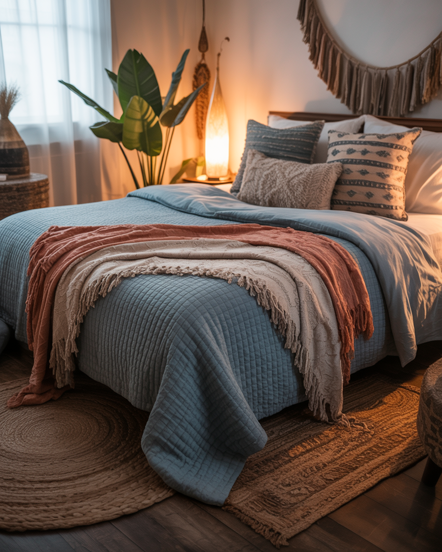 A cozy blue boho bedroom with layered throw blankets and textured pillows, creating a warm and inviting space.