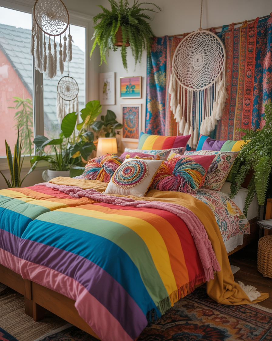 A vibrant boho bedroom with rainbow bedding and eclectic decor.