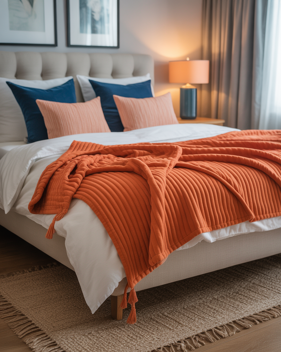 Soft tangerine throw blanket adding warmth to the bedroom.