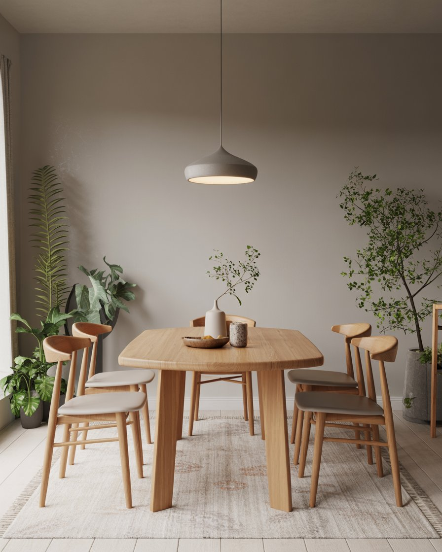 Bright Scandinavian-style apartment dining area with minimalist wooden furniture and green plants