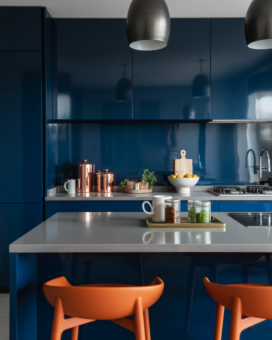 Modern dark blue kitchen with bold orange accents enhancing the space's energy.
