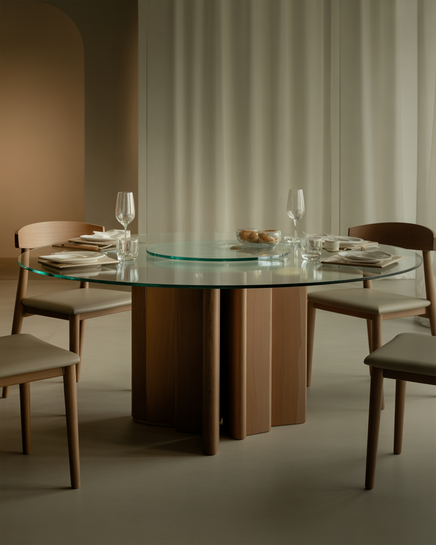 Modern round glass dining table with wooden base in a minimalist dining room.