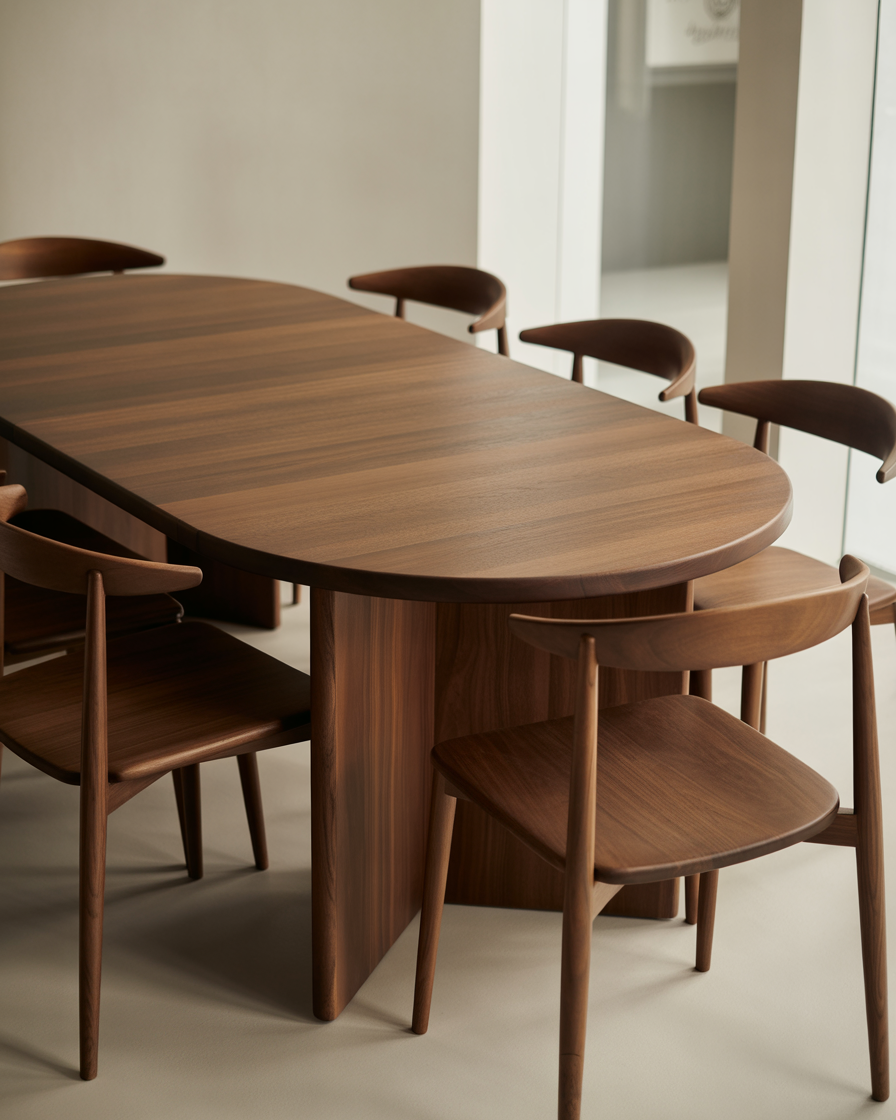 A walnut oval dining table surrounded by modern chairs in a minimalist dining room.