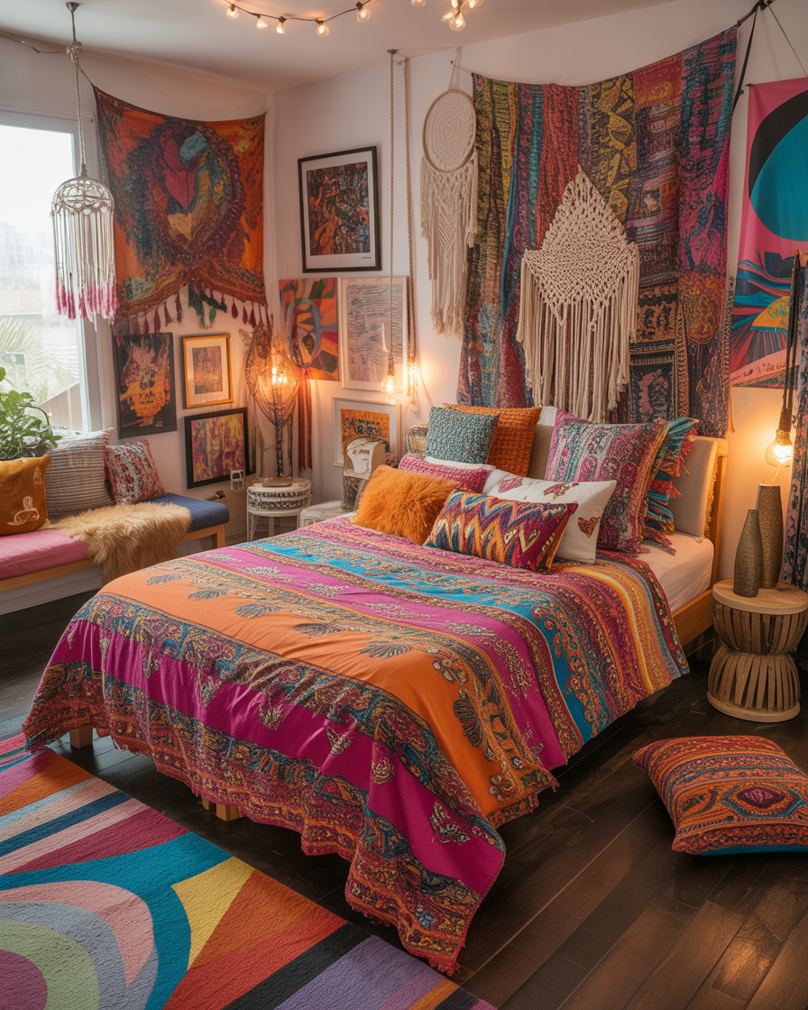 Music festival-inspired boho bedroom with bold patterns and vibrant pillows.