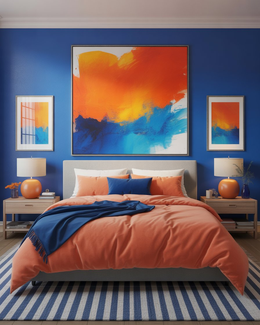 Tangerine art piece creating a bold focal point in the room