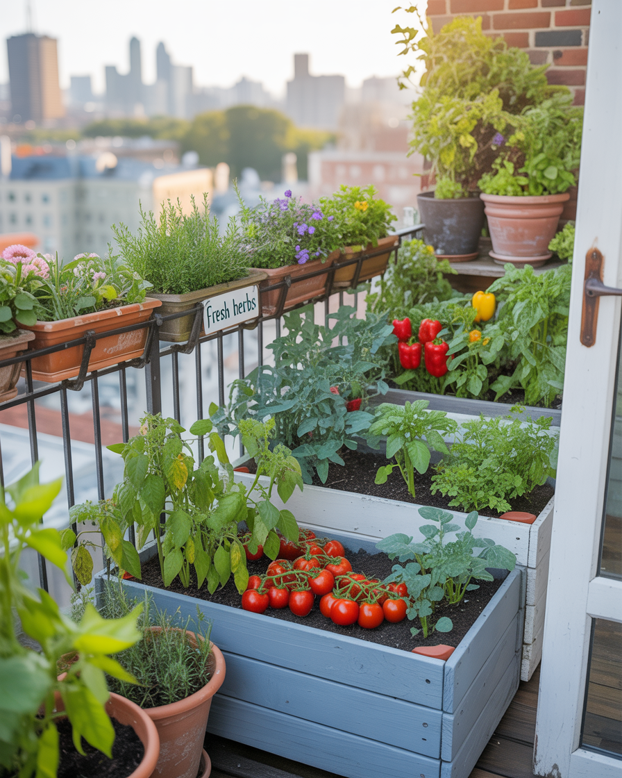 Compact vegetable garden on a balcony with raised beds and potted plants