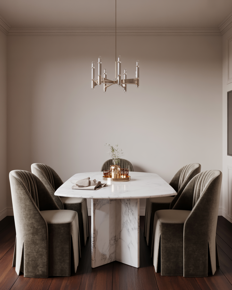 Timeless transitional dining area with a marble table and velvet chairs.