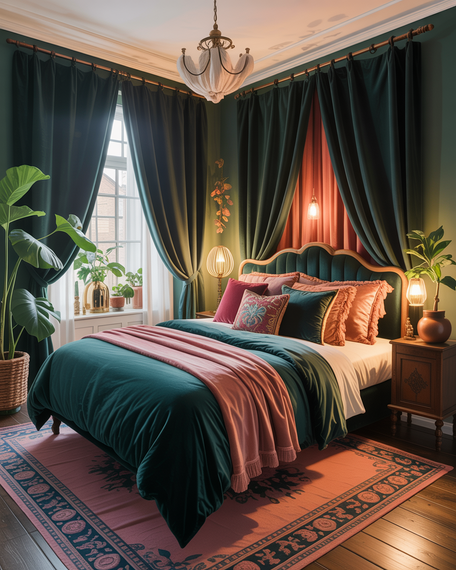 Velvet curtains in a boho bedroom, adding luxury and sophistication to the space.