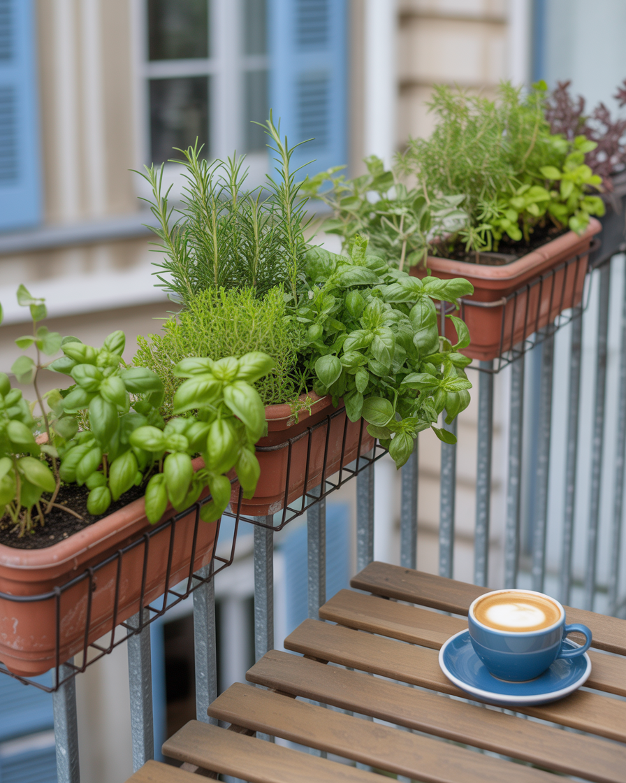 Balcony herb garden with pots of fresh basil, mint, and rosemary.