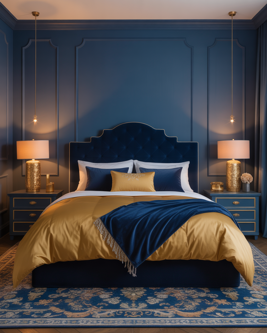 Master bedroom with navy blue and gold for a sophisticated and elegant atmosphere.