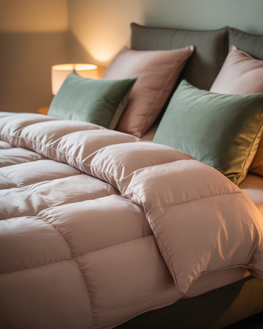  Cozy bedroom with blush bedding and sage green pillows.