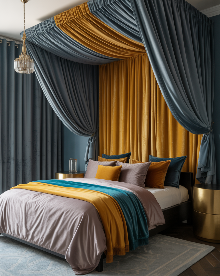 Elegant canopy bed with long flowing drapes and a luxurious feel.