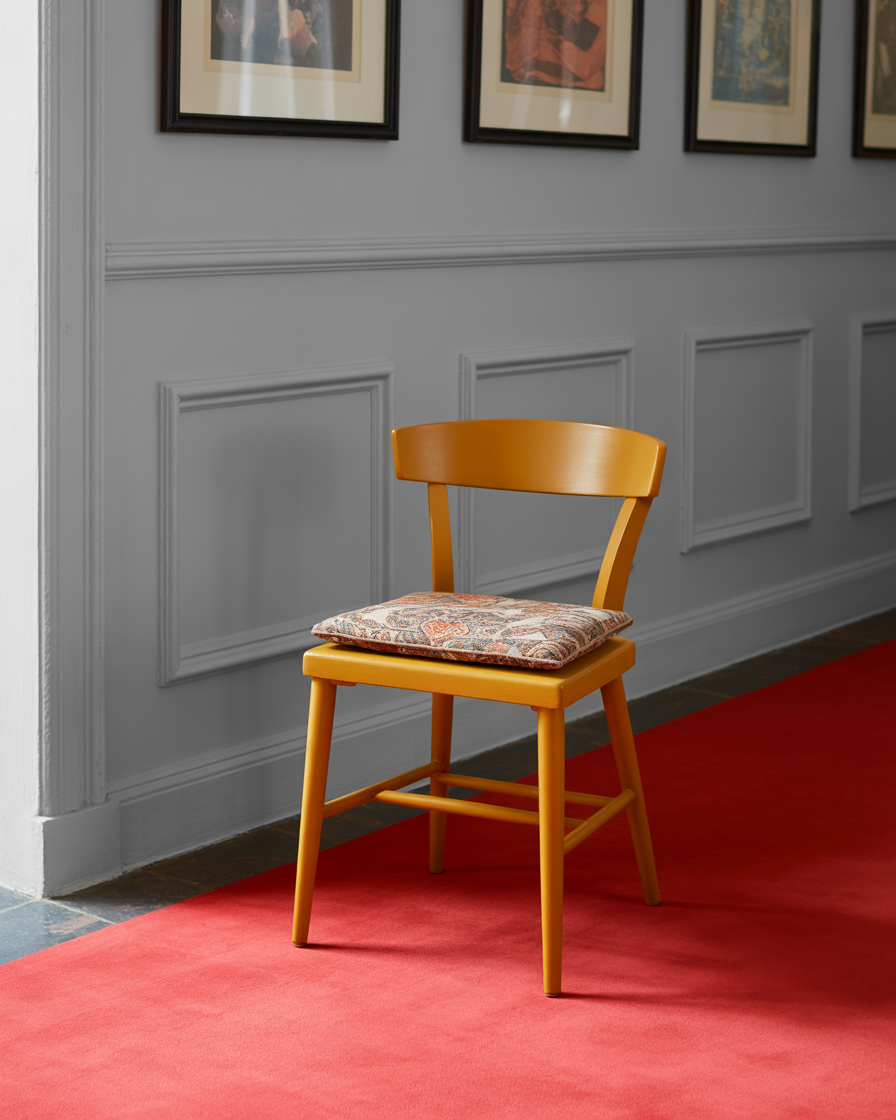 Mustard yellow painted chair styled as a hallway accent