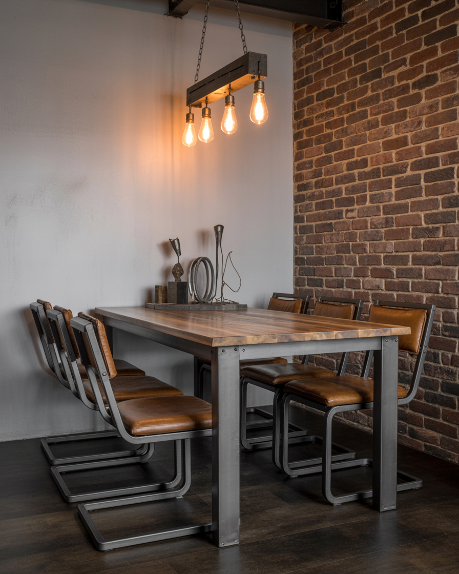 Industrial apartment dining area with raw brick walls and metal furniture.
