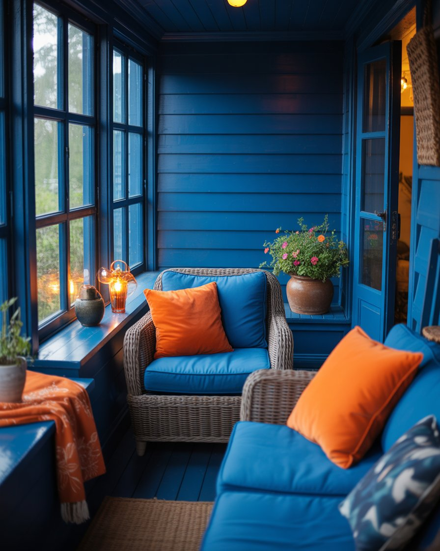 Cozy dark blue sunroom with bright orange accents, creating a vibrant and relaxing retreat.