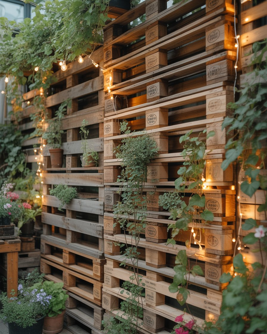 Recycled wooden pallet garden fence with plants and fairy lights.