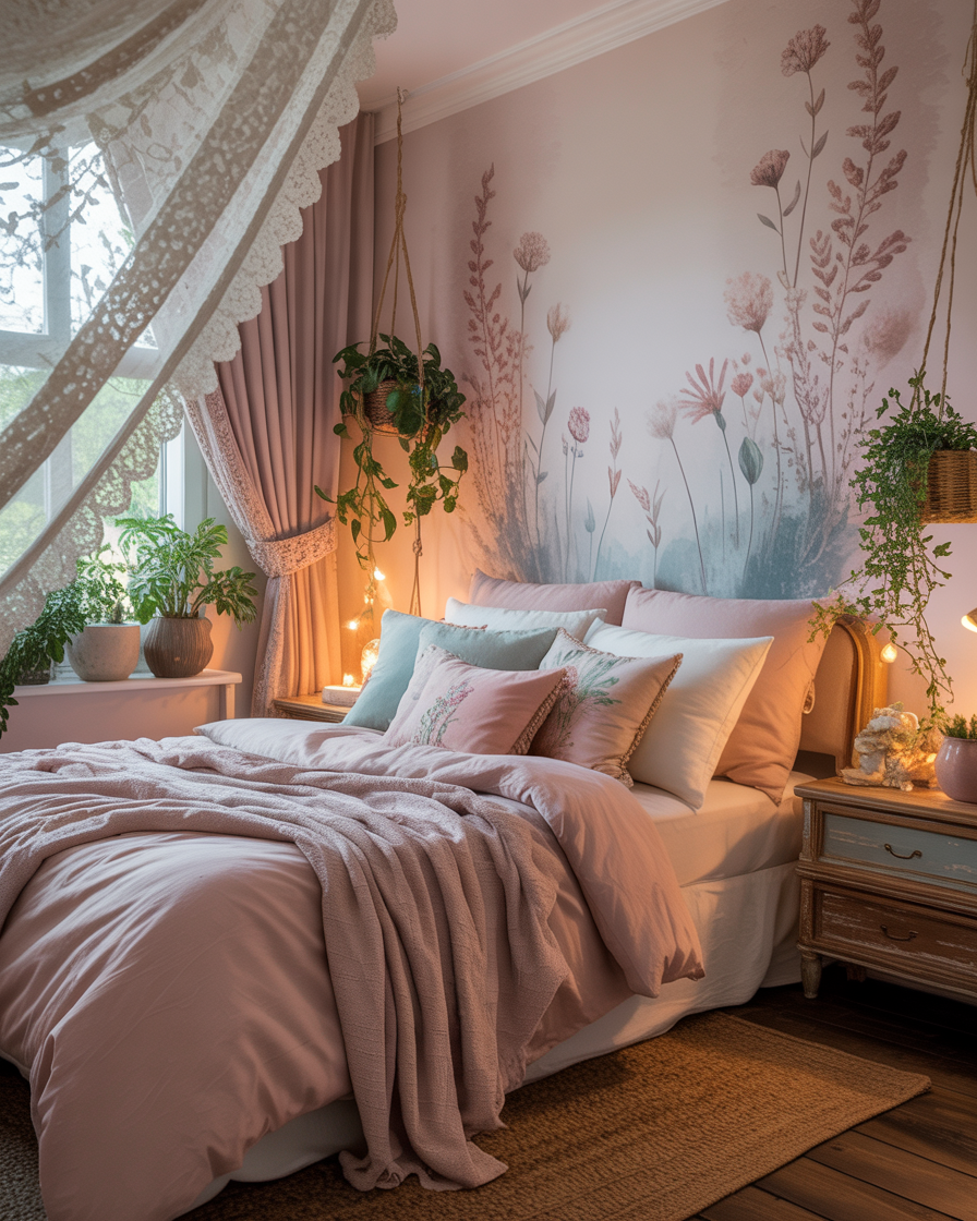Boho bedroom with lace curtains, creating an elegant and romantic atmosphere.