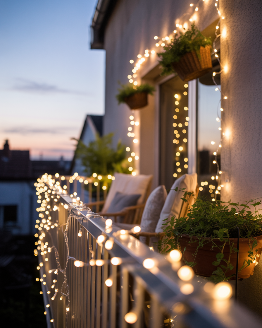 Romantic balcony with fairy lights wrapped around the railing, creating a dreamy ambiance."