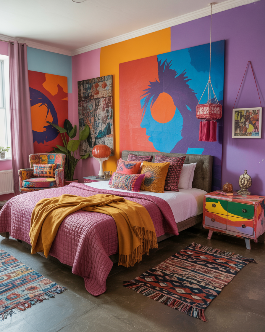 A bright boho bedroom with bold colors and eclectic decor.