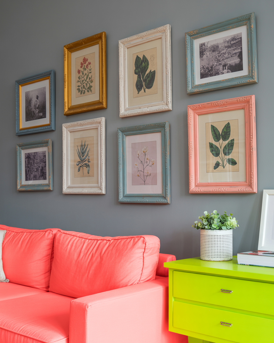 Painted vintage frames arranged into a colorful gallery wall